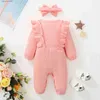 Jumpsuits nyfödd baby flicka romper långärmad ruffle bodysuit med pannband hösten vinter onesie outfit kläder för baby 0-18 månader .l231101