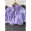 Blusas de mujer Camisas elegantes de otoño para mujer, cuello vuelto, manga corta abombada, solapa, blusa de flores 3D única, Tops femeninos Vintage