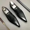 Dress Shoes Genuine Leather Men Fashion Brogue Wedding Pointed Toe Lace Up Business Formal Black Social Shoe