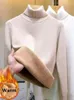 Kvinnors tröjor 2023 Kvinnor Turtleneck elegant förtjockar sammetfodrad smal pullover toppar koreanska mode vinter varma solid stickad jumper 231031