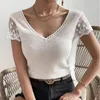 Blouses pour femmes Chemises en dentelle pour femmes Slim Solid Solid Manches courtes Gilet Tops Simple Bodycon Bureau coréen Camisas Blusas Oversize Roupa Femini