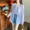 Women's Blouses Korean Fashion Ruffle Tie Neck Purple Shirt Women Summer Trumpet Long Sleeve Cardigan Spring Thin Coat Ladies Chiffon Top