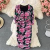 Basic Casual Dresses Summer Vintage square collarelegant Dress high waist pleated waist leopard rose print mid-length wrap Dress Autumn 231101