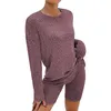 Vêtements de nuit pour femmes 2 pièces décontracté couleur unie tricot côtelé maison manches longues taille 8 maillot de bain femmes bas shorts