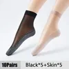 Kvinnors strumpor 10pairs sommar mjuk andningsbar sammet siden sockar splitte non-halp bomullsbotten transparent damer sexig tunn nylon sox