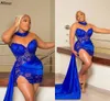 Royal Blue Lace Curto Prom Cocktail Dress Para Meninas Africanas Sexy High Neck Illusion Mangas Compridas Bainha Ocasião Formal Vestidos de Festa Com Peplum Mulheres Plus Size CL2863