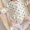 Rompers Baby Girl RompersHat Clothing Spring Autumn Infant Toddler Clothes Cotton Cherry Print Long Sleeve Jumpsuit Bebe Birthday Gift 231031