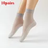 Kvinnors strumpor 10pairs sommar mjuk andningsbar sammet siden sockar splitte non-halp bomullsbotten transparent damer sexig tunn nylon sox