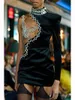 Casual Jurken Modphy Avond Mode Feest Luxe Diamant Kristal Strak Voor Vrouwen Sexy Mesh Patchwork Zwart Fluwelen Mini Jurk Vestidos