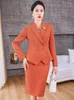 Two Piece Dress Elegant Formal Women Skirt Suit High-end Orange Blue Pink Double Breasted Office Lady Slim Jacket Coat Female 2 Blazer Set