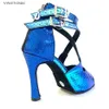 Dance Shoes YSWEYOMIC Latin Salsa Dance Shoes 10cm Cuban Heel Blue Laser PU and Glitter Blue Latin Women Salsa Shoes Party Dance Shoes 231101