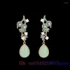 Dangle Oorbellen Groene Jade Bloem Echt 925 Zilveren Amuletten Accessoires Natuurlijke Geschenken Vrouwen Sieraden Oorstekers Steen Vintage Mode