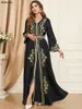 Roupas étnicas Siskakia Moda Mulher Muçulmana Abaya 2 Peça Conjunto Marroquino Caftan Sólido Bordado Manga Completa V-Pescoço Sashes Robe Turco