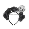 Fascia per capelli nera testa di fiore artificiale fibbie schiuma illuminare Skl copricapo festa di Halloween fascia per cosplay adt accesso per capelli per bambini Dhhqr