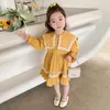 Vestidos da menina coreano crianças vestido 2023 primavera casual amarelo manga longa flor turn down collar crianças festa por 2-7 anos