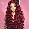 Perruque Lace Front Wig synthétique rouge bordeaux 99J, cheveux naturels, Deep Wave, 13x4, transparent HD, 40 pouces, avec Closure