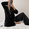 Mulheres sleepwear mulheres cetim elegante homewear conjunto solto lapela camisa larga perna calças macio confortável pijama para primavera outono