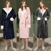 Women's Sleepwear Thickened Hooded Long Robe Nightgown Winter Flannel Bathrobe Simple Solid Coral Fleece Nightwear Casual Nightdress