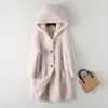 Kvinnors päls beige huva Shearling Jacket 2023 Vinter får fleece kappa lamm varm