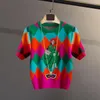 Kvinnors tröjor Summer Spring Colorful Argyle SEKKINER Stickade Pullover Kvinnor Fashion Casual Cartoon O-Neck Puff Short Sleeve Ladies