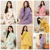 Kvinnors sömnkläder kvinna flanell pyjama set vinter broderat tryck hem pijamas klädslounge topp byxor pajamas 2 bit set