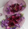 Vrouw Strawtas Ronde Handgreep Rattan Tassen Purple Handmade Flowers Zomertakken geweven strandmeisjes Travel Handtassen met hoed 230401