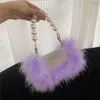 Struś włosy obiad mała kwadratowa torba błyszcząca pełna diamentowa pluszowa torba z noryzacją perłową klapę pluszową torbę crossbody Bag 230401