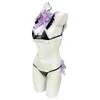 Ani-Conjunto de Bikini con volantes de cuero sintético para mujer, traje de Bikini de chica Kawaii de Anime, uniforme de sirvienta Lolita con lazo morado, ropa interior para Cosplay