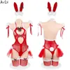 Ani noël lapin fille rouge fourrure résille body uniforme Costume femmes maille creux Pamas Lingerie vêtements de nuit Cosplay cosplay