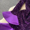 Abiti casual S-4xl Domande di alta qualità abito da festa viola Donne eleganti bagliori di lusso a maniche lunghe asimmetriche rastrellate scintillanti