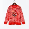 Suéteres femininos 2023 ano bordado desenho animado tigre jacquard solto suéter de malha pulôver o-pescoço manga comprida vintage high-end vermelho pull