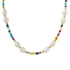 Catene Stile Bohémien in acciaio inossidabile Piccole perle di vetro colorate Collana a catena con perle d'acqua dolce ovale irregolare barocca per donne e ragazze