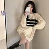 Women's Sweaters Fashion Striped Sweater Pullover Simple Solid Texture Autumn Winter Korean Version Women Medium Long Casual Loose Knit Top