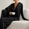 Mulheres sleepwear mulheres cetim elegante homewear conjunto solto lapela camisa larga perna calças macio confortável pijama para primavera outono