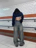 Kvinnors jeans y2k koreanska breda ben för kvinnor hip hop högsteet hög midja avslappnad löst passande retro smala raka denim byxor