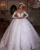 Robe de mariée de luxe en dentelle, princesse scintillante, col en V foncé, manches illusion de perles, robe en cœur, robe de mariée moelleuse, arabe, dubaï, 2024