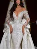 Moderna sjöjungfrun bröllopsklänningar Elegant dragkedja bakre brudklänningar paljetter Brudklänning skräddarsydd avtagbar tåg