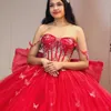 Röd älskling glänsande quinceanera klänning älskling prinsessa spets pärlor bow vestidos de 15 anos söt formell födelsedagsfest boll klänning