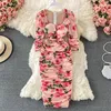 Basic Casual Dresses Summer Vintage square collarelegant Dress high waist pleated waist leopard rose print mid-length wrap Dress Autumn 231101