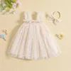 Robes de fille 1-5Y enfants filles fleur brodée robe en tulle avec bandeau bébé sans manches fronde décontracté doux été vêtements pour enfants