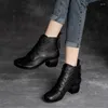 ドレスシューズ夏の秋のヴィンテージアンクルブーツ本物の革の女性Med High Heel Back Zipper Sutout通気性Mujer Zapatos