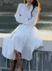 Vestidos casuais francês branco magro chique lace-up chiffon mulheres cor sólida moda cinto único breasted mangas compridas vestido feminino