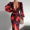 Podstawowe sukienki swobodne Kobiety seksowne przycisk Wschodniowy sukienka Party Elegancka Elegancka nadruk Slim Maxi sukienka Sprężyna Summer Casual Long Tlee Vestido 231101