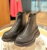 Daily Wear-Women Tread Slick Zip Ongle Boots Black Calf Leather Rubber Lug Sole Platform