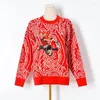 Pulls pour femmes 2023 Année Brodé Dessin animé Tigre Jacquard Lâche Pull tricoté Pull O-Cou à manches longues Vintage Haut de gamme Rouge Pull