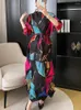 Vestidos casuais anlan miyake dobra vestido plissado mulheres impressão cor bloco gola solta cinto de moda 2023 outono 85ka3519