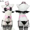 Ani Halloween Leuk Meisje Vleermuis Vleugels Duivel Uniform Demon Cosplay Vrouwen Leer Roze Strik Bikini Pamas Kostuums cosplay