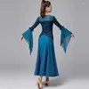 Stage Wear Bleu Rouge Ballroom Dance Performance Robe Femmes Compétition Professionnelle Flare Manches Tango Waltz Vêtements DL11052