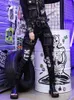 Herenjeans LYUZHE Lente Herfst Slanke zwarte jeans met hoge taille Damesmode Design Persoonlijkheid Stiksels Afdrukken Cargobroek ZWL2245A 231101