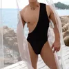 Herr termiska underkläder sexig solid en-axel jumpsuit manlig smal ärmlös bodysuit hbt ett-stycke siamese pyjama erotiska underkläder